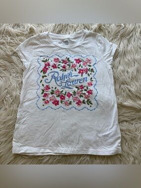 Polo Ralph Lauren Floral Graphic White T Shirt Short Sleeve Girls 6 6x Cotton